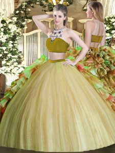 Fabulous Two Pieces 15th Birthday Dress Olive Green Bateau Tulle Sleeveless Floor Length Backless