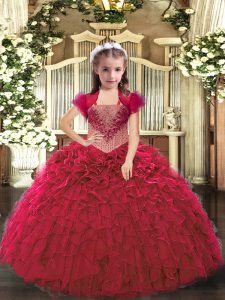 Beading and Ruffles Glitz Pageant Dress Red Lace Up Sleeveless Floor Length