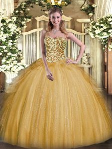 Sexy Gold Organza Lace Up Sweetheart Sleeveless Floor Length 15th Birthday Dress Beading and Ruffles