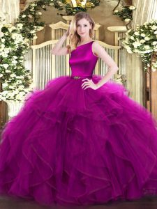 Graceful Fuchsia Scoop Clasp Handle Ruffles Quince Ball Gowns Sleeveless