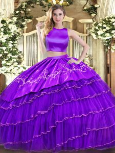 High-neck Sleeveless Tulle Quinceanera Dresses Embroidery and Ruffled Layers Criss Cross