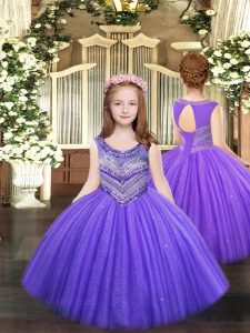 Amazing Lavender Ball Gowns Tulle Scoop Sleeveless Beading Floor Length Lace Up Kids Pageant Dress
