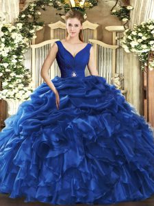 Beauteous V-neck Sleeveless Sweet 16 Quinceanera Dress Floor Length Beading and Ruffles Blue Organza