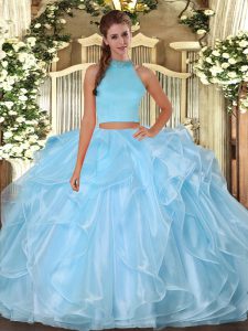 Attractive Halter Top Sleeveless Quinceanera Gown Floor Length Beading and Ruffles Light Blue Organza