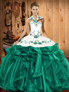 Sophisticated Ball Gowns Quince Ball Gowns Turquoise Halter Top Satin and Organza Sleeveless Floor Length Lace Up