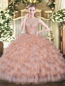 Flare Peach Backless Scoop Beading and Ruffled Layers 15th Birthday Dress Tulle Sleeveless