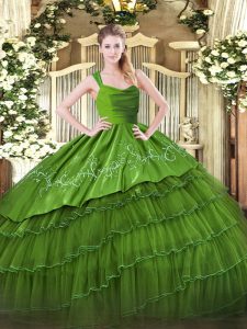 Nice Olive Green Ball Gowns Straps Sleeveless Organza and Taffeta Floor Length Zipper Embroidery and Ruffled Layers Sweet 16 Dresses