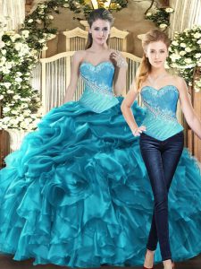 Teal Ball Gowns Sweetheart Sleeveless Tulle Floor Length Lace Up Beading and Ruffles Sweet 16 Dress