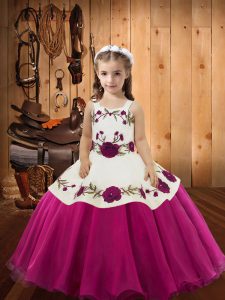Fuchsia Organza Zipper Straps Sleeveless Floor Length Little Girls Pageant Dress Wholesale Embroidery