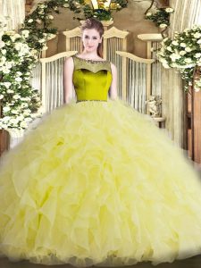 Pretty Floor Length Yellow Ball Gown Prom Dress Organza Sleeveless Beading and Ruffles