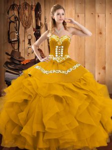 Sweetheart Sleeveless Sweet 16 Dress Floor Length Embroidery and Ruffles Gold Satin and Organza