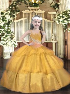 Simple Gold Sleeveless Floor Length Beading and Ruffled Layers and Sequins Lace Up Pageant Dress Wholesale