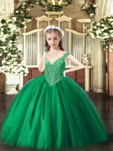 Sleeveless Tulle Floor Length Lace Up Pageant Gowns For Girls in Green with Beading