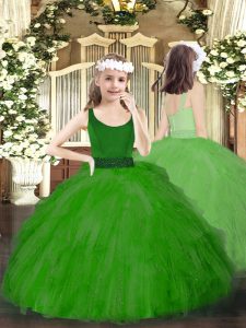Green Tulle Zipper Scoop Sleeveless Floor Length Pageant Dress Beading and Ruffles