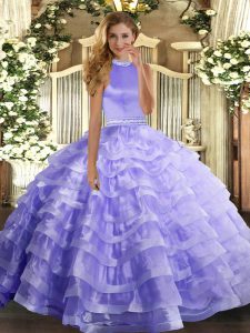 Best Selling Lavender Ball Gowns Halter Top Sleeveless Organza Floor Length Backless Beading and Ruffled Layers Quinceanera Dress