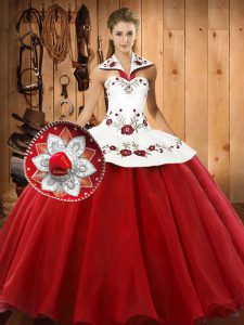 Floor Length Wine Red Sweet 16 Dress Satin and Tulle Sleeveless Embroidery