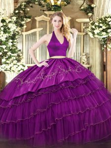 Cute Fuchsia Sweet 16 Dress Military Ball and Sweet 16 and Quinceanera with Embroidery and Ruffled Layers Halter Top Sleeveless Zipper