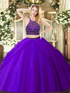 Purple Sleeveless Beading and Ruching Floor Length Sweet 16 Dress