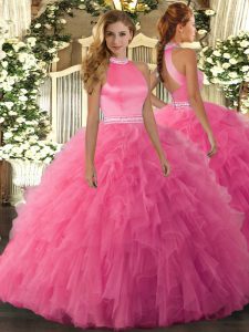 Wonderful Hot Pink Sleeveless Organza Backless Ball Gown Prom Dress for Military Ball and Sweet 16 and Quinceanera