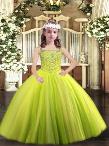 Low Price Straps Sleeveless Lace Up Girls Pageant Dresses Yellow Green Tulle