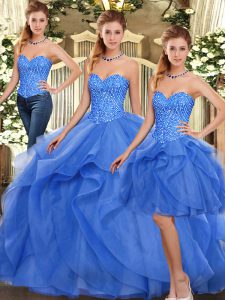 Exceptional Sleeveless Floor Length Ruffles Lace Up Vestidos de Quinceanera with Blue