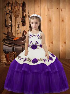 Cute Eggplant Purple Lace Up Pageant Dress Womens Embroidery and Ruffled Layers Sleeveless Floor Length