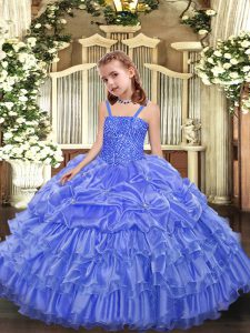 Hot Sale Straps Sleeveless Little Girl Pageant Gowns Floor Length Beading and Ruffled Layers and Pick Ups Lavender Organza