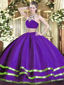 Gorgeous Floor Length Purple Quinceanera Gown High-neck Sleeveless Backless
