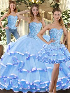Clearance Baby Blue Ball Gowns Tulle Sweetheart Sleeveless Beading and Ruffled Layers Floor Length Lace Up Sweet 16 Dresses