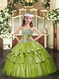 Sleeveless Organza Floor Length Lace Up Child Pageant Dress in Olive Green with Appliques and Ruffled Layers