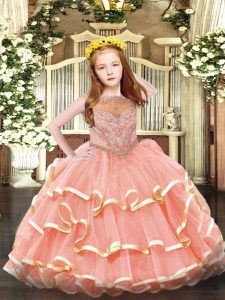 Exquisite Watermelon Red Ball Gowns Scoop Sleeveless Organza Floor Length Zipper Beading and Ruffled Layers Little Girls Pageant Dress Wholesale
