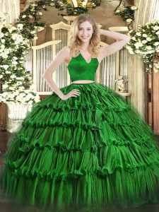 Sexy Organza Halter Top Sleeveless Zipper Ruffled Layers Sweet 16 Dresses in Green