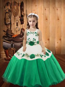 Sleeveless Organza Floor Length Lace Up Kids Pageant Dress in Turquoise with Embroidery