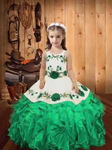 High End Turquoise Straps Neckline Embroidery and Ruffles Pageant Dress Toddler Sleeveless Lace Up