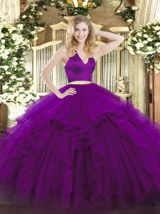 Sweet Floor Length Two Pieces Sleeveless Purple 15 Quinceanera Dress Zipper