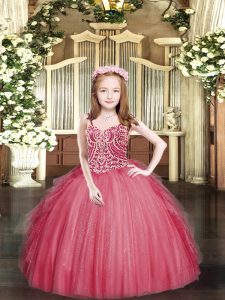 Coral Red Lace Up Spaghetti Straps Beading and Ruffles Little Girls Pageant Dress Tulle Sleeveless