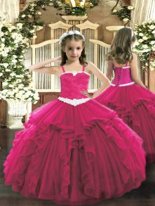 Hot Pink Sleeveless Appliques and Ruffles Floor Length Girls Pageant Dresses