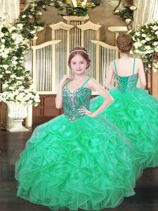 Beautiful Beading and Ruffles Kids Pageant Dress Turquoise Lace Up Sleeveless Floor Length