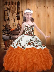 Orange Red Sleeveless Floor Length Embroidery and Ruffles Lace Up Child Pageant Dress