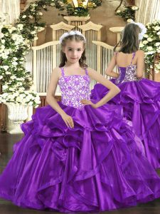 Excellent Floor Length Eggplant Purple Pageant Gowns For Girls Straps Sleeveless Lace Up