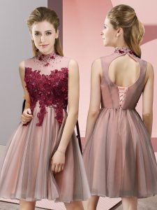 Deluxe Peach Lace Up Court Dresses for Sweet 16 Appliques Sleeveless Knee Length