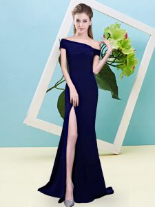 Fabulous Royal Blue Zipper Off The Shoulder Ruching Court Dresses for Sweet 16 Elastic Woven Satin Sleeveless