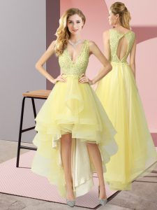 V-neck Sleeveless Backless Quinceanera Court of Honor Dress Yellow Tulle