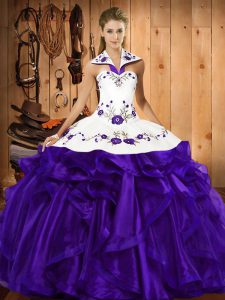 Fabulous Sleeveless Floor Length Embroidery and Ruffled Layers Lace Up Quinceanera Gowns with Purple