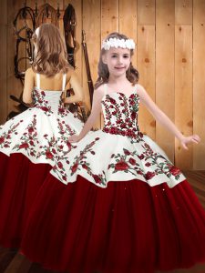 Excellent Red Ball Gowns Embroidery Kids Pageant Dress Lace Up Tulle Sleeveless Floor Length