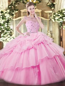 Admirable Rose Pink Ball Gowns Tulle Bateau Sleeveless Beading and Ruffles and Pick Ups Floor Length Zipper Quince Ball Gowns