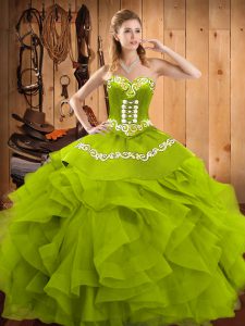 Sweetheart Sleeveless Lace Up Quince Ball Gowns Olive Green Satin and Organza