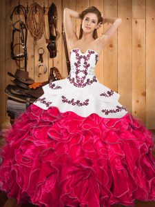 Simple Hot Pink Lace Up Quince Ball Gowns Embroidery and Ruffles Sleeveless Floor Length