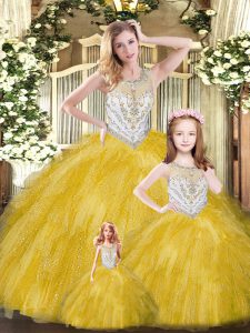 Gold Tulle Lace Up Scoop Sleeveless Floor Length 15th Birthday Dress Beading and Ruffles