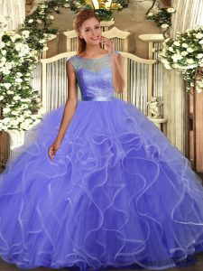 Admirable Scoop Sleeveless Quinceanera Dress Floor Length Lace and Ruffles Lavender Tulle